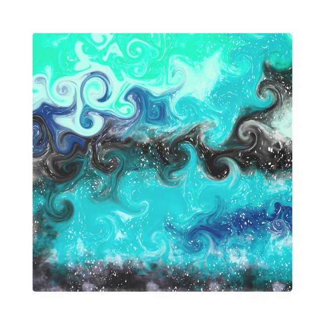 ティール（緑がかった色）、青と黒の流体アート大理石の渦巻き メタルプリント (正面)