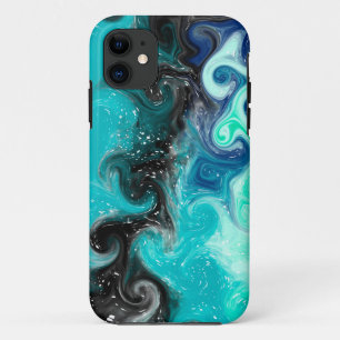 ティール(緑がかった色)、青と黒の流体アート大理石の渦巻き iPhone 11 ケース