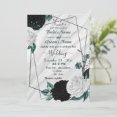 ティール（緑がかった色）青の白と黒のフローラ幾何結婚性 招待状 (スタンド正面)