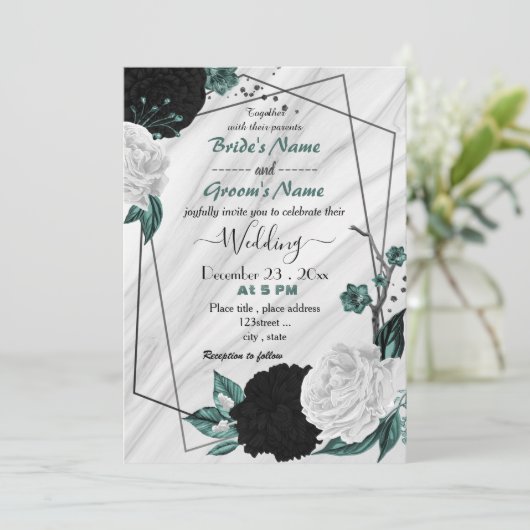 ティール（緑がかった色）青の白と黒のフローラ幾何結婚性 招待状 (スタンド正面)