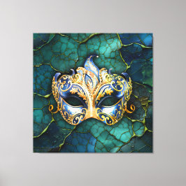ティール（緑がかった色） – 青の背景のベネチアンマスク キャンバスプリント