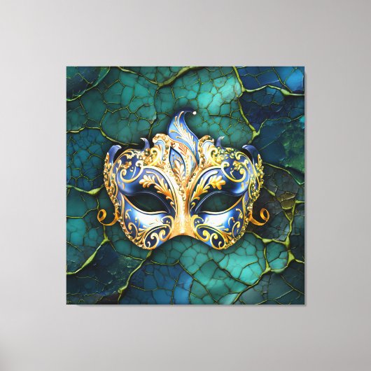 ティール（緑がかった色） – 青の背景のベネチアンマスク キャンバスプリント (正面)