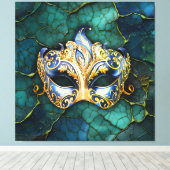 ティール（緑がかった色） – 青の背景のベネチアンマスク キャンバスプリント (インサイチュ (ウッドフロア))