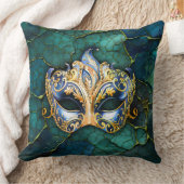 ティール(緑がかった色) – 青の背景のベネチアンマスク クッション (ブランケット)