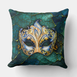 ティール（緑がかった色） – 青の背景のベネチアンマスク クッション