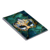 ティール（緑がかった色） – 青の背景のベネチアンマスク ノートブック (右側)