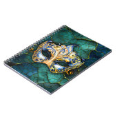 ティール（緑がかった色） – 青の背景のベネチアンマスク ノートブック (左側)