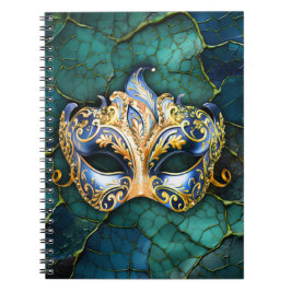 ティール(緑がかった色) – 青の背景のベネチアンマスク ノートブック