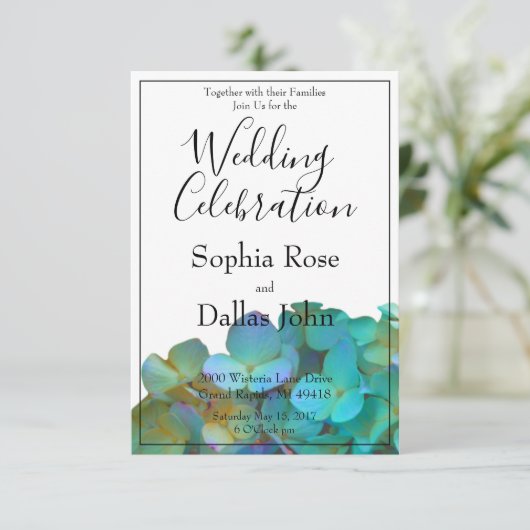 ティール（緑がかった色）青ピンクのアジサイ花フローラ 招待状 (スタンド正面)