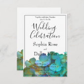 ティール(緑がかった色)青ピンクのアジサイ花フローラ 招待状 (正面/裏面)