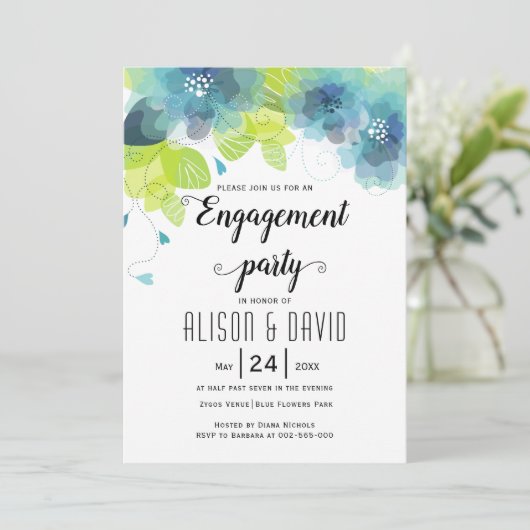 ティール（緑がかった色）青結婚花の節目パーティー 招待状 (スタンド正面)