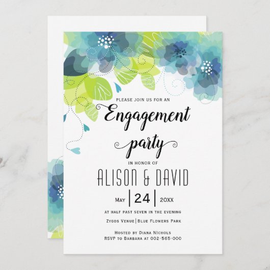 ティール（緑がかった色）青結婚花の節目パーティー 招待状 (正面/裏面)