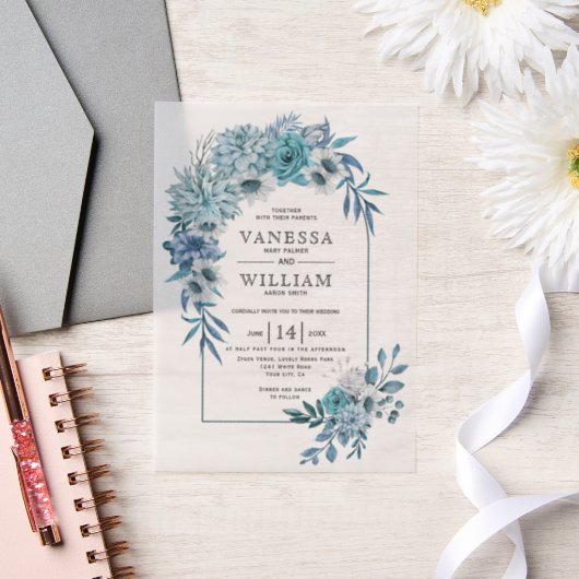 ティール（緑がかった色）青花アレンジメント結婚付きアーチ ベラム紙招待状 (ウェディング)