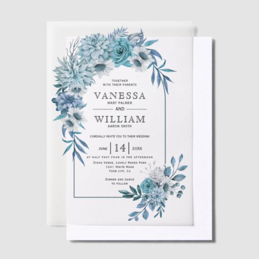 ティール（緑がかった色）青花アレンジメント結婚付きアーチ ベラム紙招待状 (オフセット)