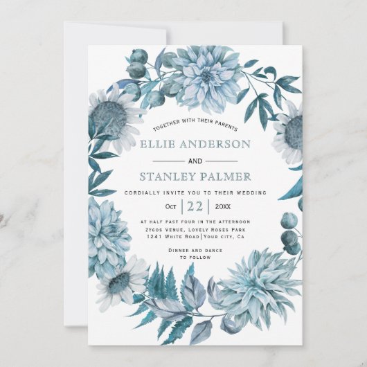 ティール(緑がかった色)青葉花とリース結婚ズ 招待状 (正面)
