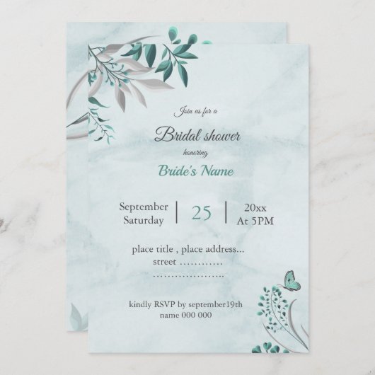 ティール（緑がかった色）青葉蝶フローラブライダルシャワー 招待状 (正面/裏面)