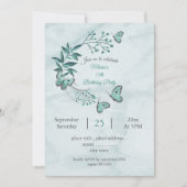 ティール（緑がかった色）青蝶ボタニカルバースデーパーティー 招待状 (正面)