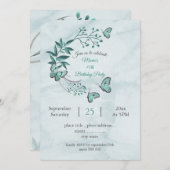 ティール（緑がかった色）青蝶ボタニカルバースデーパーティー 招待状 (正面/裏面)