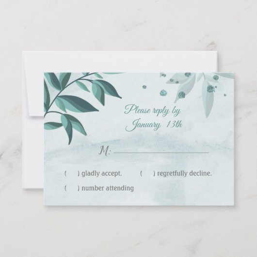 ティール（緑がかった色）青離れ植物反応rsvpカード 出欠カード (正面)
