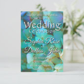 ティール（緑がかった色）青黄桃色あじさい花フローラ 招待状 (スタンド正面)