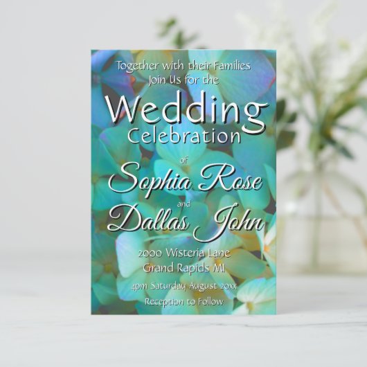 ティール（緑がかった色）青黄桃色あじさい花フローラ 招待状 (スタンド正面)