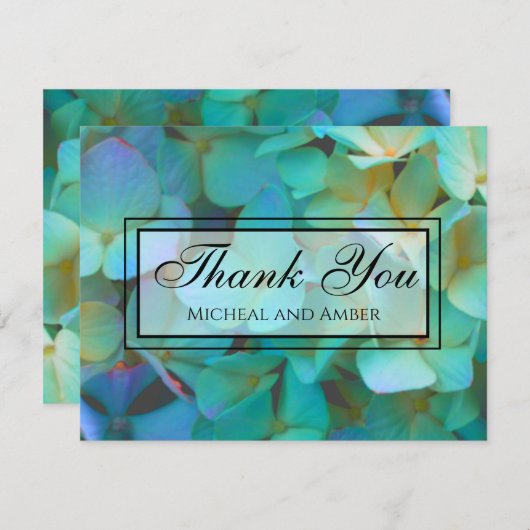 ティール(緑がかった色)青黄色紫陽花 サンキューカード (正面/裏面)