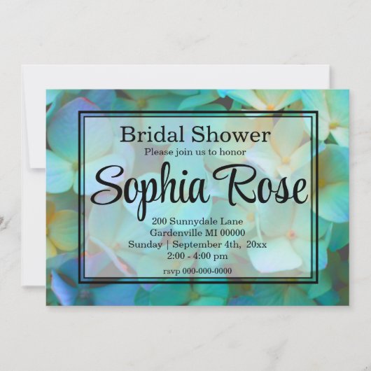 ティール(緑がかった色)青黄色紫陽花 招待状 (正面)