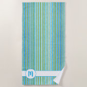 ティール（緑がかった色）、青、緑、白のストライプ ビーチタオル (正面)