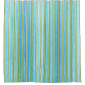 ティール（緑がかった色）、青、緑、白のパタストライプーン シャワーカーテン (正面)