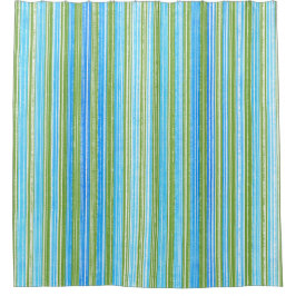 ティール（緑がかった色）、青、緑、白のパタストライプーン シャワーカーテン