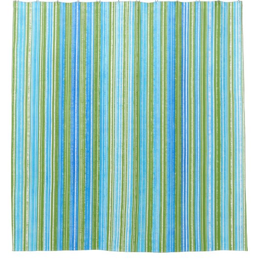 ティール(緑がかった色)、青、緑、白のパタストライプーン シャワーカーテン (正面)