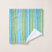 ティール(緑がかった色)、青、緑、白のパタストライプーン バスタオルセット (ウォッシュタオル)