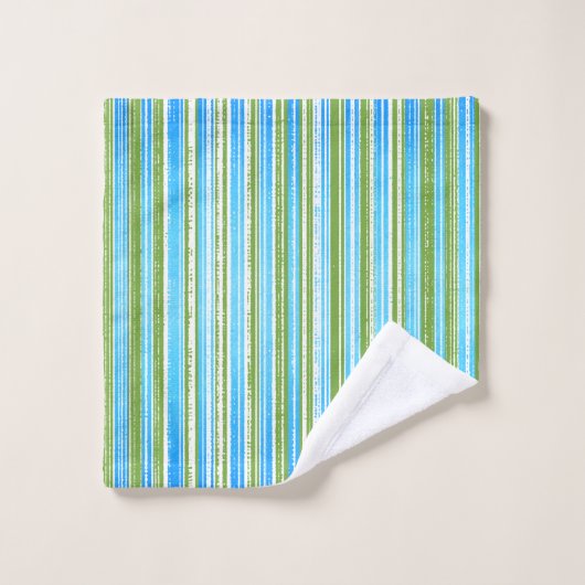 ティール(緑がかった色)、青、緑、白のパタストライプーン バスタオルセット (ウォッシュタオル)