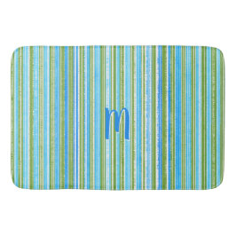 ティール（緑がかった色）、青、緑、白のパターストライプン バスマット