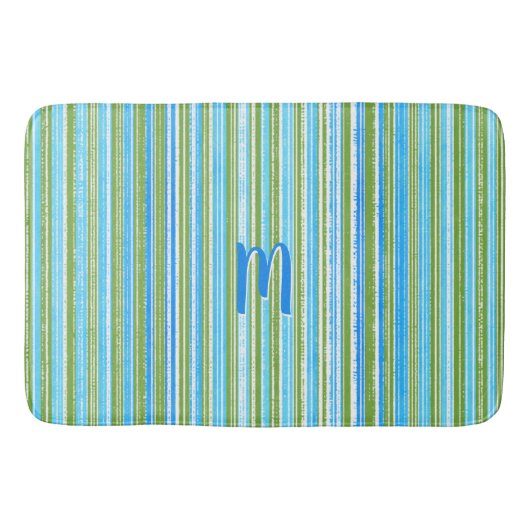 ティール（緑がかった色）、青、緑、白のパターストライプン バスマット (正面)