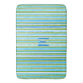ティール（緑がかった色）、青、緑、白のパターストライプン バスマット (正面縦)