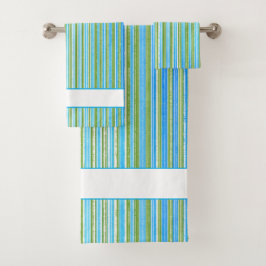ティール（緑がかった色）、青、緑、白の各ストライプ色 バスタオルセット