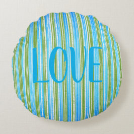ティール（緑がかった色）、青、緑、白の各ストライプ色 ラウンドクッション