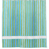 ティール（緑がかった色）、青、緑、白ストライプの シャワーカーテン (正面)