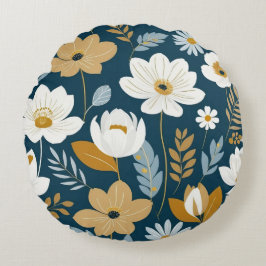 ティール（緑がかった色）、青、金ゴールドフローラ ラウンドクッション