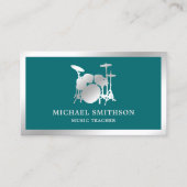 ティール（緑がかった色）音楽先生銀箔ドラムキットドラマー 名刺 (正面)
