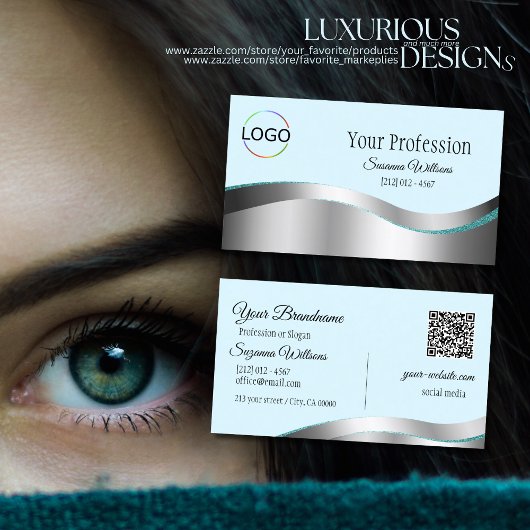 ティール（緑がかった色）頭が切れるの波形シルバーデコールとロゴとQRコード 名刺