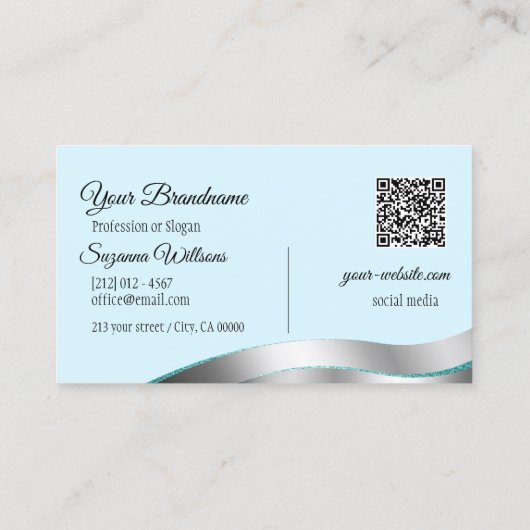 ティール(緑がかった色)頭が切れるの波形シルバーデコールとロゴとQRコード 名刺 (裏面)