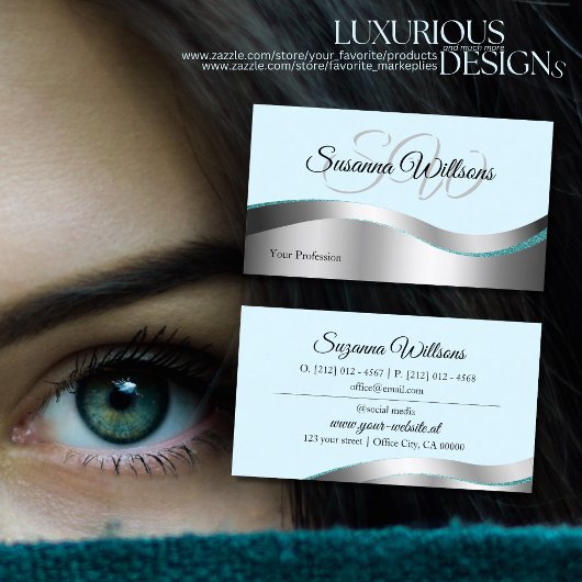 ティール（緑がかった色）頭が切れるウェーブシルバーデコールとイニシャルクラシック 名刺