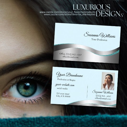 ティール(緑がかった色)頭が切れるウェーブシルバーデコールとフォトクラス 名刺