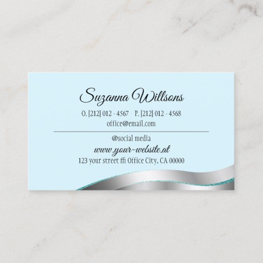 ティール(緑がかった色)頭が切れるウェーブシルバーデコールとブランディングロゴ 名刺 (裏面)