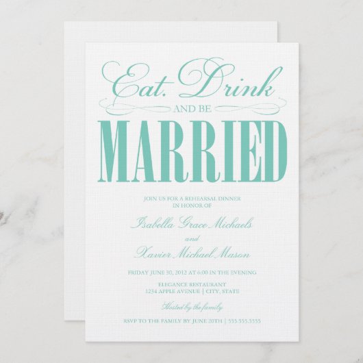 ティール(緑がかった色)食べ、ドリンク&ビー結婚したズ |リハーサルディナー 招待状 (正面/裏面)