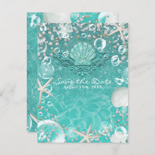 ティール（緑がかった色）魅惑のヒトデとバブル日付を保存 案内ポストカード (正面/裏面)