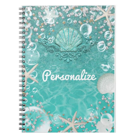 ティール（緑がかった色）魅惑シースターフィッシュ&バブル海グラム ノートブック (正面)