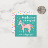 ティール（緑がかった色）魔法のユニコーンキッズクラスルームのバレンタインカード ノートカード (正面/裏面インサイチュ)